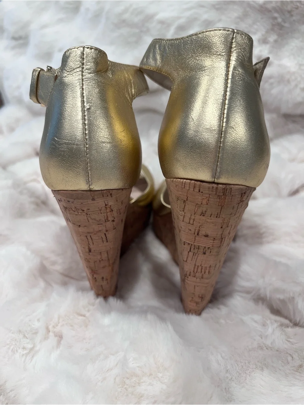 Michael Kors Metallic Gold Cork Wedge Sandals with Ankle Strap